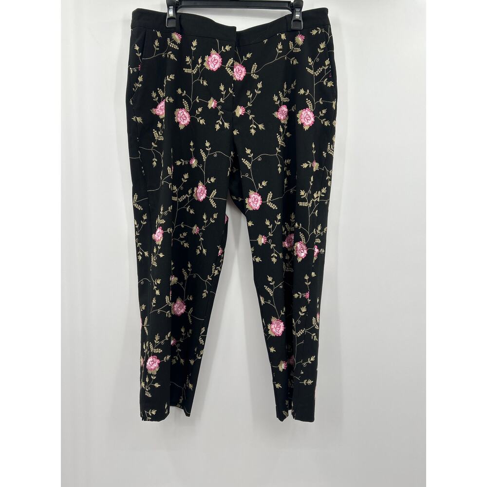 Karen Kane Floral Ankle Pants Women’s Size 16 Black Pink Stretch Career Work